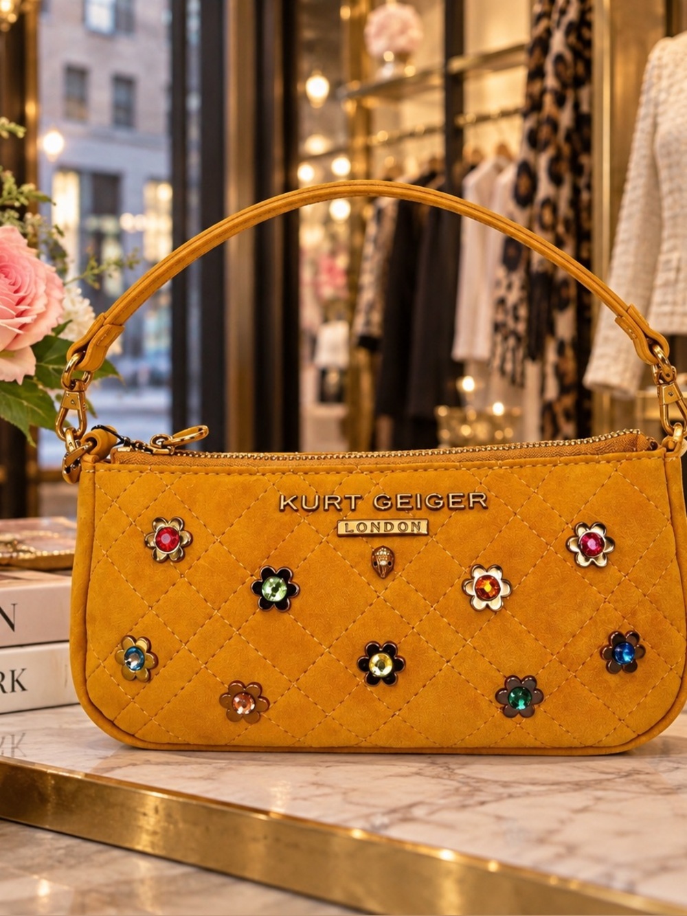 Kurt Geiger Mustard Suede Quilted Mini Shoulder Bag with Floral Studs NWT
